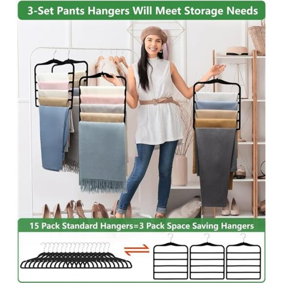Velvet Pants Hangers Set Space Saving 5 Tier Closet Organizer for Jeans - Picture 5 of 7